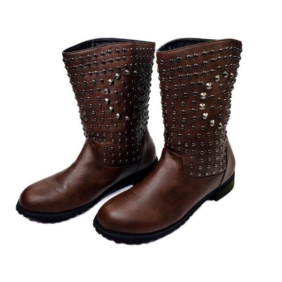 Brown leather boot highlighted by a studded design with a low block heel.* 8 1/2 - Picture 1 of 6